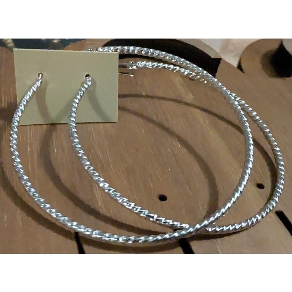 New Silver Tone Pierced Earrings 2.25 inch Hoops Textured Edges